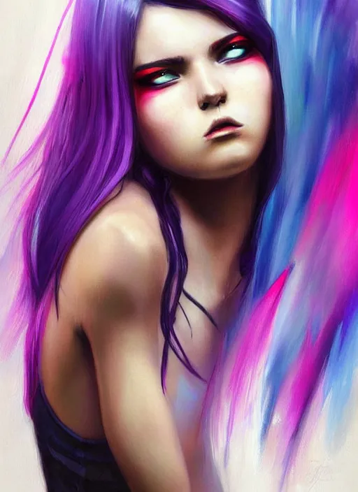 Image similar to a young woman with beautiful rainbow hair. she looks very angry. beautiful painting by artgerm and greg rutkowski