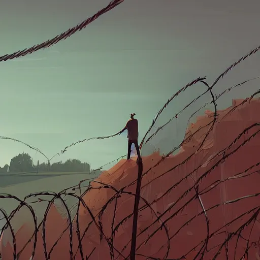 Image similar to a matte painting of a man standing in front of a wire fence by emiliano ponzi, james gilleard