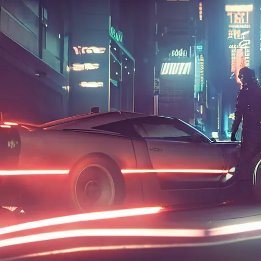 Image similar to cyberpunk Street racer wearing white shirt and black jacket standing next to red Evolution X GTR R35 S15 C3 4 door sports car coupe scene from Bladerunner 2049 Roger Deakins Cinematography movie still 2077