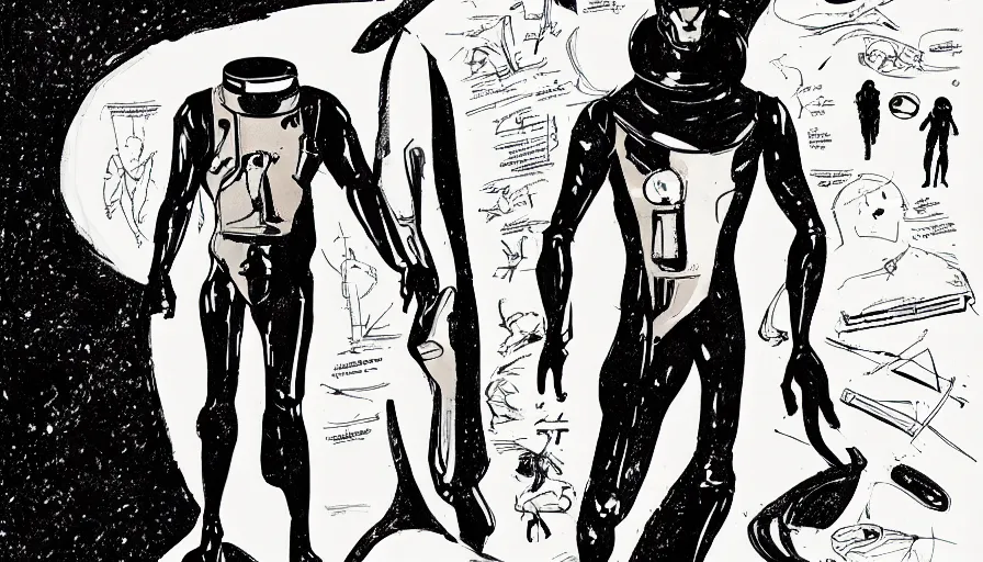 Image similar to male, elongated figure, space suit, sketch, large shoulders, short torso, long thin legs, tiny feet, character sheet, very stylized, digital art, illustration, pen and ink, by mike mignola, by alex maleev