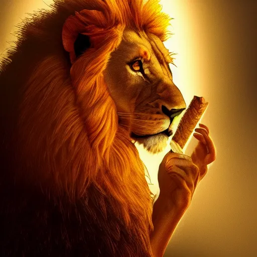 Image similar to a lion smoking a cigar, dramatic lighting, cinematic, establishing shot, extremely high detail, foto realistic, cinematic lighting, post processed, concept art, high details, cinematic, 8k resolution, beautiful detailed, photorealistic, digital painting, artstation, concept art, smooth, sharp focus, artstation trending, octane render, unreal engine