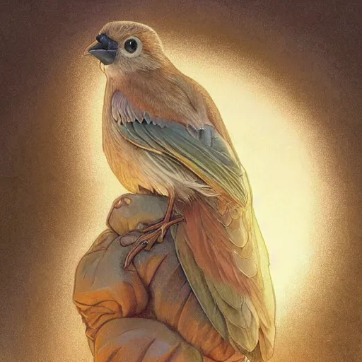 Image similar to clear portrait of bird, adorable appearance!!!, golden hour, happy apearance, cottagecore!!, background hyper detailed, character concept, full body, dynamic pose, intricate, elegant, highly detailed, digital painting, artstation, concept art, smooth, sharp focus, illustration, art by artgerm and greg rutkowski and alphonse mucha