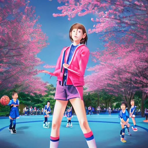 Image similar to tall woman wearing a blue jacket and pink shorts playing basketball against a group of kindergarteners wearing japanese school uniforms, complete detailed body, cherry blossom trees in background, moody atmosphere, digital art, highly detailed, high contrast, beautiful lighting, award winning, trending on art station, photorealistic, 8 k,