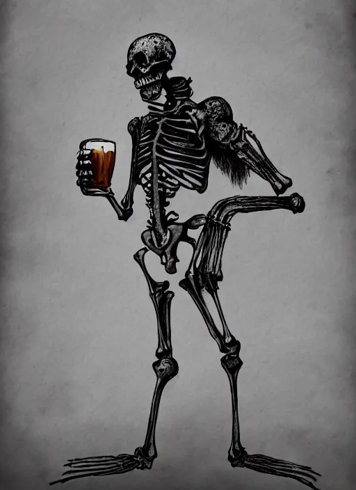 Prompt: skeleton drinks beer, beer, glass, beer mug in hand, intricate, triumphantly, foggy background, full body art, dark souls, drawing, concept art, artstation, digital painting
