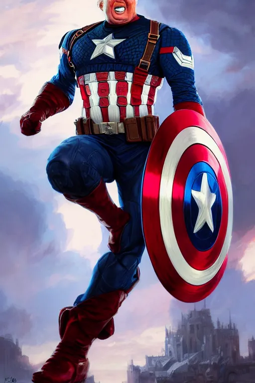 Image similar to Donald Trump as Captain America full body portrait, D&D, fantasy, intricate, elegant, highly detailed, digital painting, artstation, concept art, matte, smooth, sharp focus, illustration, art by Artgerm and Greg Rutkowski and Alphonse Mucha, octane render, 8k, hyper realistic