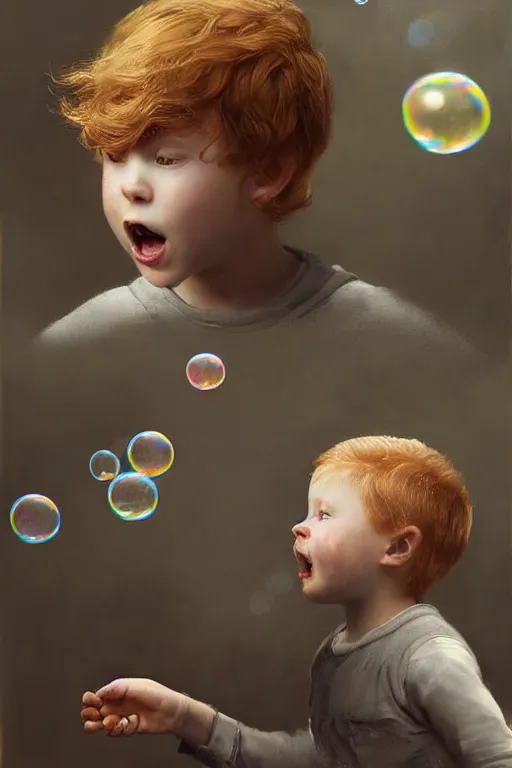 Prompt: a little boy with ginger hair chasing bubbles. clean elegant painting, beautiful detailed face, lots of bubbles. by greg rutkowski and raymond swanland