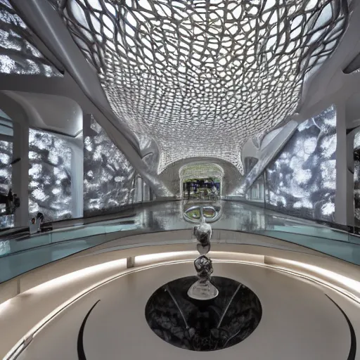 Image similar to extremely detailed ornate stunning beautiful elegant futuristic museum lobby interior by Zaha Hadid