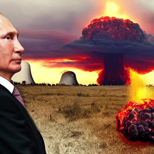 Image similar to a huge nuclear mushroom cloud explodes behind a grief stricken vladimir putin, photorealistic, apocalyptic - h 6 4 0