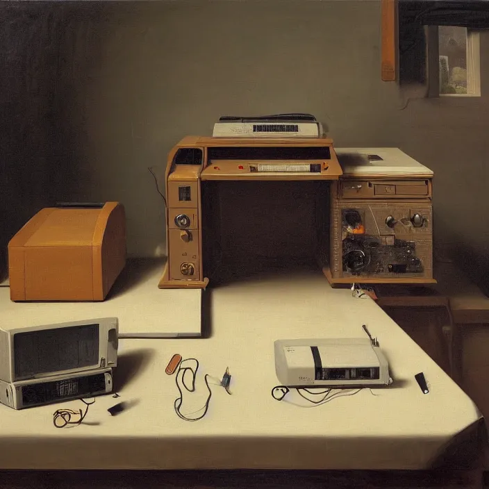 Image similar to still life painting of a retro electronics supercomputer desk workstation by pieter claesz, oil on canvas, strong lighting, highly detailed, hyper realism, golden hour, god rays, hd, 4 k