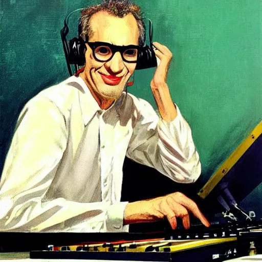 Image similar to “portrait of donald fagen as a 1950s disk jockey, by robert McGinnis”