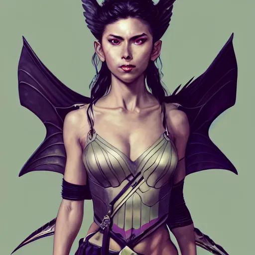 Prompt: 3 / 4 view of a portrait of warrior woman with bat wings, confident pose, pixie, genshin impact,, intricate, elegant, sharp focus, illustration, highly detailed, concept art, matte, trending on artstation, anime, art by wlop and artgerm and greg rutkowski, marvel comics h 6 4 0