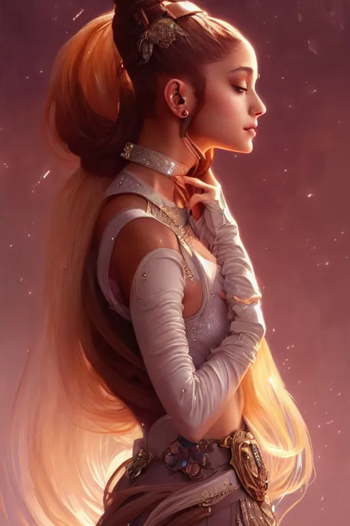 Image similar to Ariana Grande, fantasy, intricate, elegant, highly detailed, digital painting, artstation, concept art, matte, sharp focus, illustration, art by Artgerm and Greg Rutkowski and Alphonse Mucha