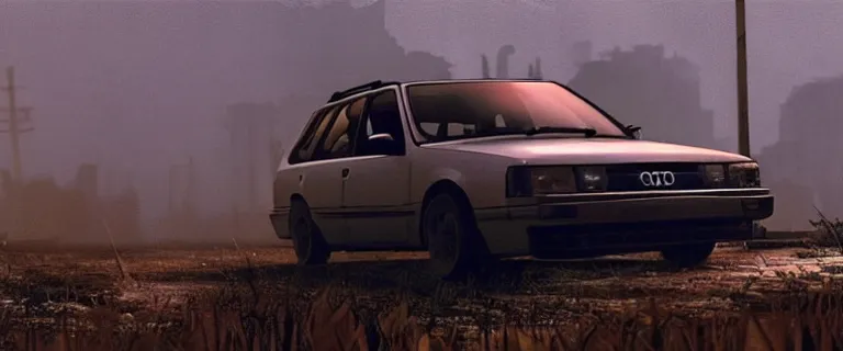 Image similar to Scrap Audi 80 B3 Avant (1988) facing a strider, Half-Life 2: Episode 2 (PC), a post-apocalyptic outland, dramatic lighting, cinematic, establishing shot, extremely high detail, photorealistic, cinematic lighting, artstation, by simon stalenhag