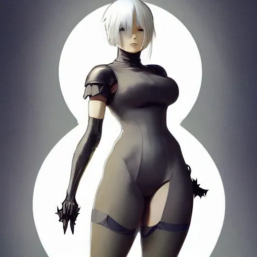 Prompt: a digital concept art by artgerm and greg rutkowski and alphonse mucha. clear portrait of 2 b nier automata in a skintight clothes!! hyper detailed, character concept, full body!! dynamic pose, glowing lights!! intricate, elegant, highly detailed, digital painting, artstation, concept art, smooth, sharp focus, illustration