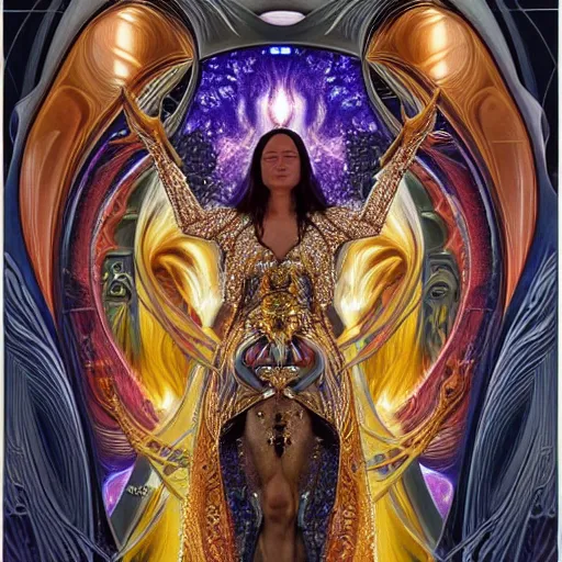 Image similar to queen of the galaxy by alex grey, zaha hadid, alphonse mucha. highly detailed, hyper - real, very beautiful, intricate fractal details, very complex, opulent, epic, mysterious, polished, futuristic design, trending on deviantart and artstation