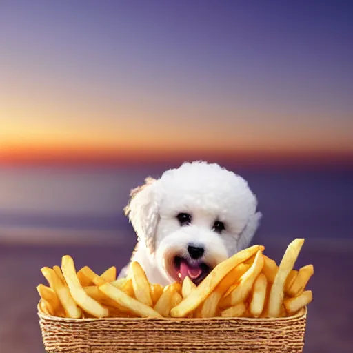 Image similar to a photorealistic photograph of a smiling white bichon puppy eating basket of french fries during sunset at the beach Trending on artstation, featured on Behance, well-rendered, Unreal Engine, 4K HD