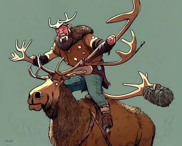 Image similar to cell shaded cartoon of a hairy chebo viking riding a moose, snowy forest, subtle colors, post grunge, concept art by josan gonzales and wlop, by james jean, victo ngai, david rubin, mike mignola, deviantart, art by artgem