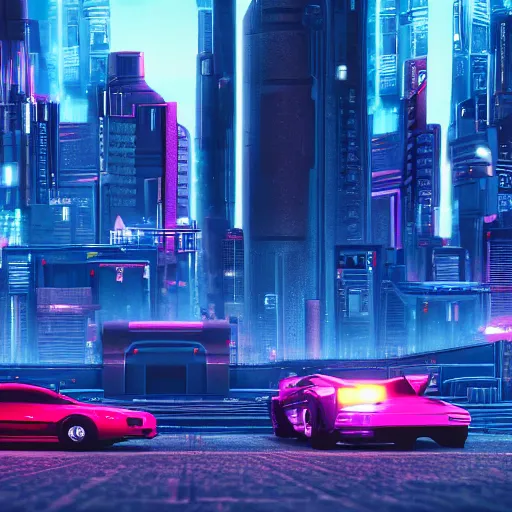 Image similar to cyberpunk landscape, cars, city, synth style