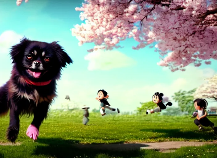Image similar to animation key shot, black tibetan spaniel, jumping, cherry blossoms in background, studio ghibli, pixar, disney animation, sharp, by greg rutkowski, bloom, dramatic lighting