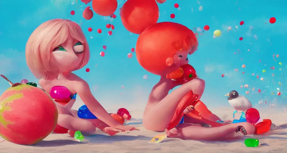 Prompt: A beautiful artwork illustration, detailed, bubbly, watermelon, sodapop, beach, jolly ranchers, birds, diamonds, girls, subsurface scattering, cartoon-y, featured on Artstation, wide angle, horizontal orientation, very coherent, cinematic, high detail, octane render, 8k