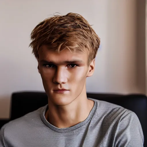 Image similar to a realistic detailed photo of a guy who is an attractive humanoid who is half robot and half humanoid, who is a male android, soccer player martin ødegaard, shiny skin, posing like a statue, blank stare, in a living room, on display