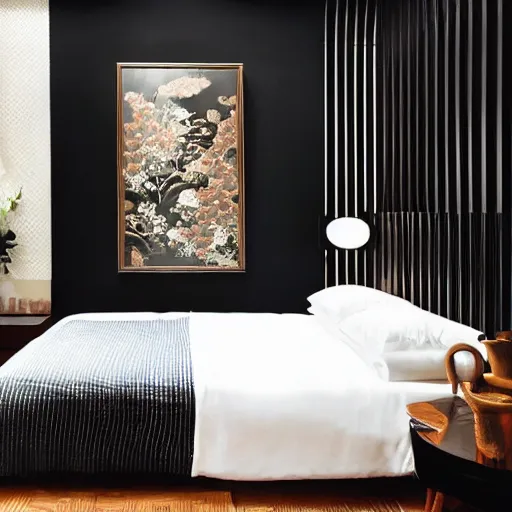 Prompt: bedroom, interior design, stylish luxury hotel bedroom design, yakisugi, black vertical slatted timber, textures, feminine, black walls, art, Japanese pottery vase with flowers, kakejiku Japanese scroll, seasonal, Japanese influences