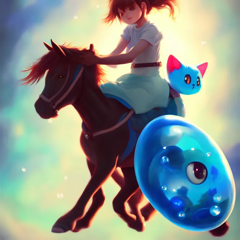 Image similar to cinematic portrait of cute Mew riding large blue bubble, oil on canvas, masterpiece, trending on artstation, featured on pixiv, cinematic composition, dramatic pose, beautiful lighting, sharp, details, hyper-detailed, HD, HDR, 4K, 8K