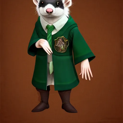 Image similar to a anthropomorphic ferret is dressed as a hogwarts student in slytherin robes, hyperdetailed, artstation, cgsociety, 8 k