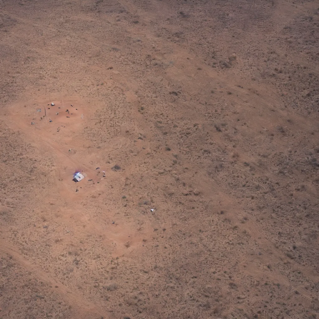 Prompt: aerial shot of a burningman themed campsite, in the australian red desert with dry grass