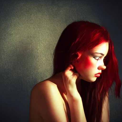 Image similar to a photo of a young woman. moody and melanchonic. red, yellow