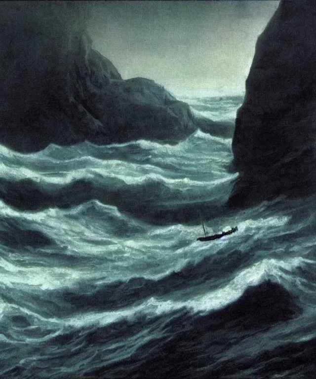 Prompt: photorealistic painting of a 1 9 2 5 seiner sailing near a short tropical cliff with the mouth of a sea cave at the waterline, dark, brooding, atmospheric, lovecraft, horror, smooth, epic, highly detailed, cinematic, lawren harris