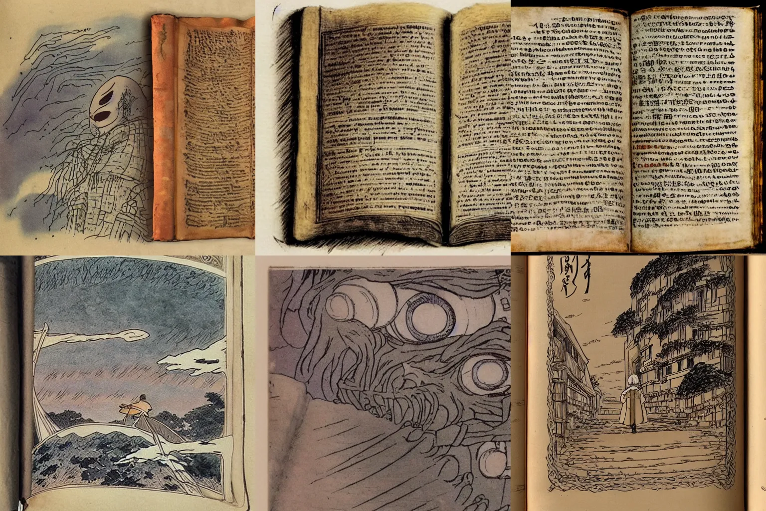 Prompt: old ancient book called The World Beyond, handbound, handwritten, screenshot from the anime by studio ghibli