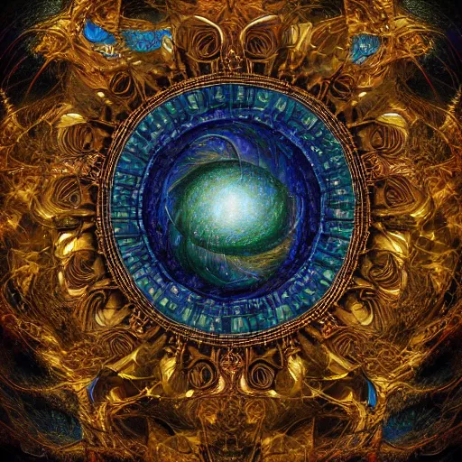 Prompt: Divine Chaos Engine by Karol Bak, Jean Deville, Gustav Klimt, and Vincent Van Gogh, celestial, visionary, sacred, fractal structures, ornate realistic gilded medieval icon, spirals, octane render