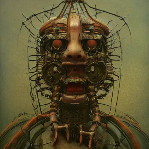 Image similar to style by millais, ( ( ( ( ( ( ( ( by beksinski ) ) ) ) ) ) ) ), portrait painting of mechanical victorian yokai, 8 k, highly detailed, octane render, by millais,