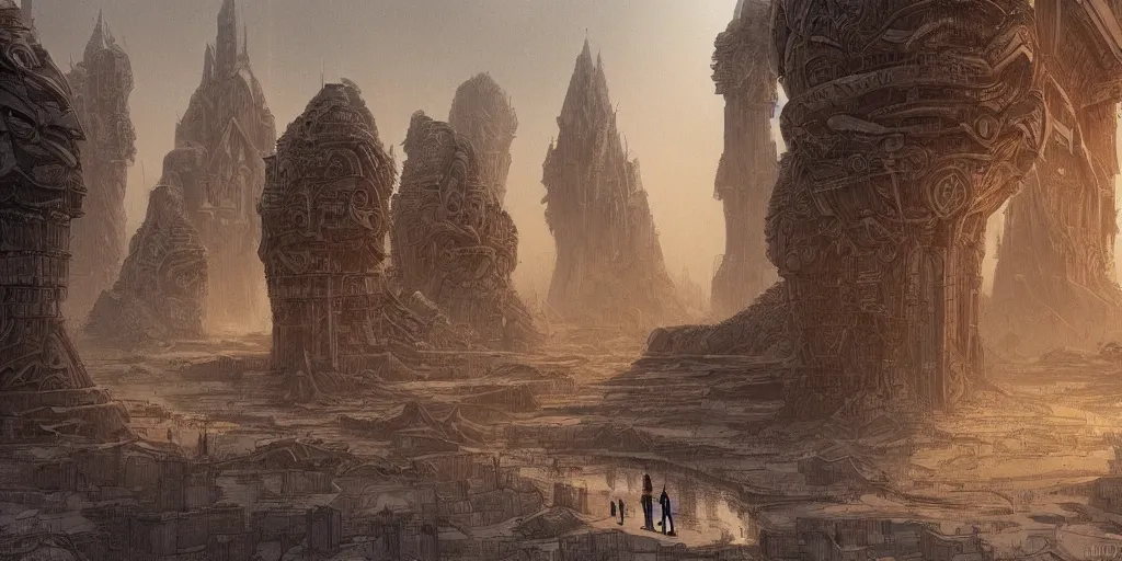 Prompt: city and temples of arrakis, but it is a luxurious oasis with trees and water, arrakeen, arab architectural and brutalism and gigantism, composition idea concept art for movies, style of denis villeneuve and greg fraiser