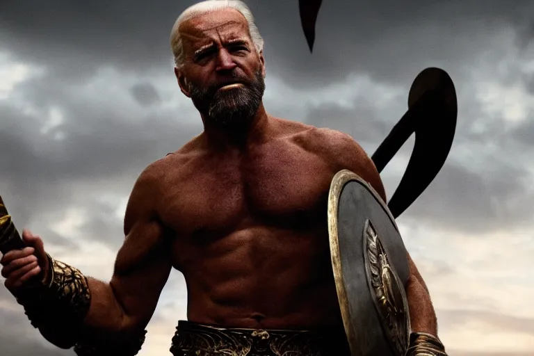 Image similar to cinematic action shot of joe biden as leonidas in 3 0 0 movie, 8 k, epic moody sky, dramatic lighting