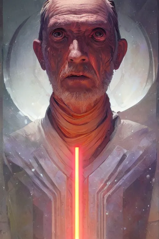 Image similar to symmetry!! a full body sci-fi portrait, oil painting, illustration of an old Jedi, colourful, by Justin Sweet and Greg Rutkowski and Alphones Much