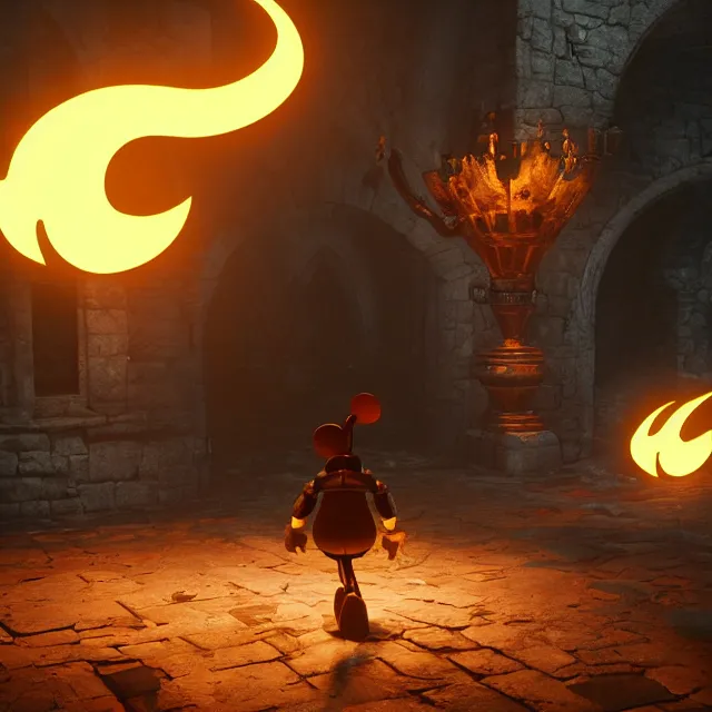 Image similar to mickey mouse reimagined as a boss in dark souls, dark cinematic, volumetric, realistic, cinematic lighting, ray tracing, unreal engine 5, unreal engine render, octane render, hyper realistic, photo, 8 k