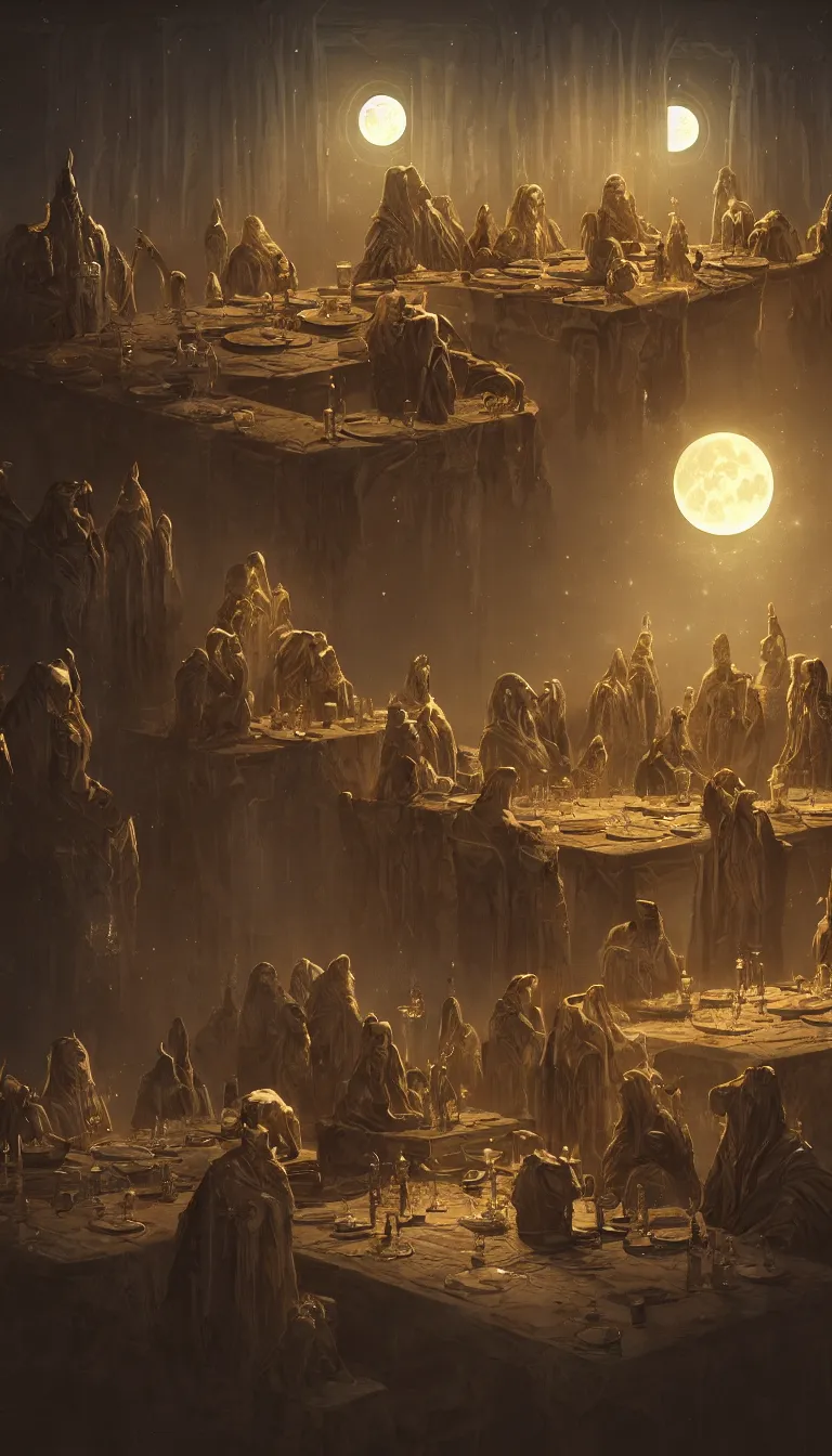 Image similar to A meeting of the council of elders, robed figures sat around a table, beautiful architecture, night time, stars visible, beautiful moon light, concept art, fantasy art, digital art by michal karcz, trending on artstation, highly detailed, 8k