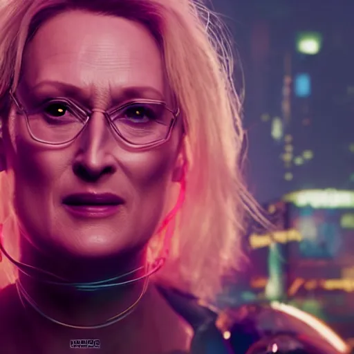 Image similar to Meryl Streep portrait, Cyberpunk 2077, ultra photorealistic, cybernetic body parts, neon, octane, bokeh, 8k