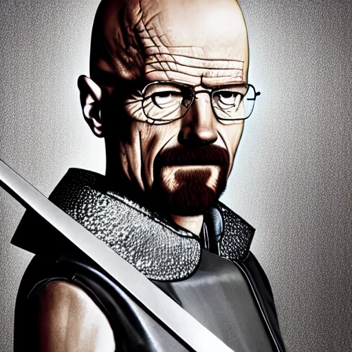 Image similar to walter white from breaking bad wearing knight armor and holding a sword, 4 k, hyper realistic, still, portrait