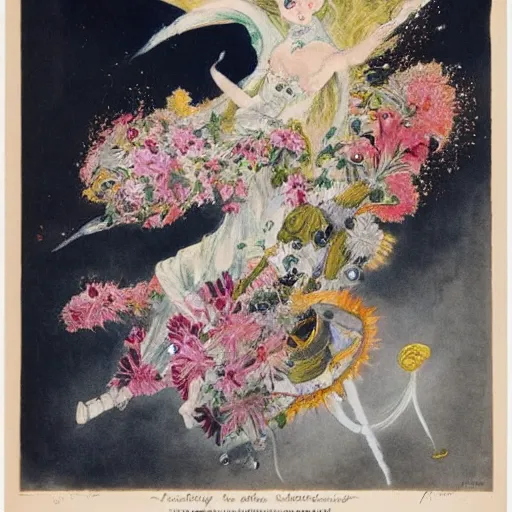 Image similar to Louis Icart, an old elaborate painting of an abstract robot tornado made entirely out of flowers, highly detailed, swirling, flowing, dancing, dreaming, bursting with positive energy, happy, creative, masterpiece - H 1024