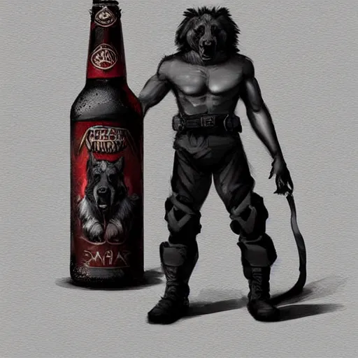 Image similar to a humanoid german shepherd beast - man in military style, holding a bottle of beer, artstation, concept art, smooth, sharp foccus ilustration, artstation