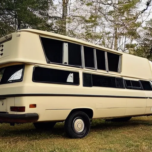 Prompt: “a 1971 beige mercedes 508d truck that has been converted into an rv with a raised roof”