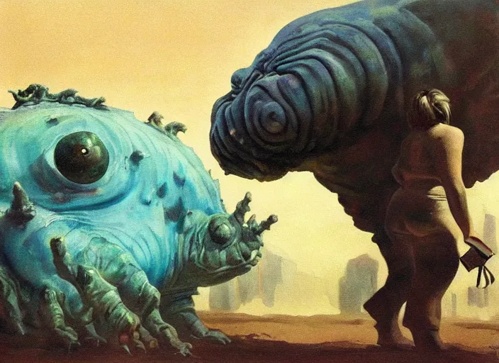 Image similar to realistic painting of a tardigrade kaiju, walking wide angle, by frank frazetta, by georgia o keeffe, by amano, slimy, reflective, scales,, big globule eye, godzilla, vintage poster retro,, oil painting, tonalism, fantasy, crispy, dune, cinematic, japanese art, tonalism