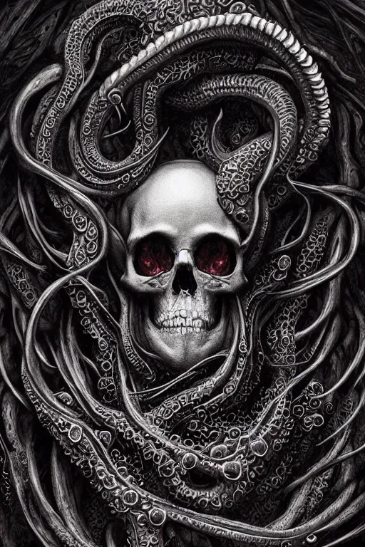 Image similar to realistic portrait of beautifully crystalized and detailed portrait of a melting skull, tentacles, tendrils, eldritch, matte painting of cinematic movie scene red dragon, horror, created by gustave dore and greg rutkowski, high detailed, smooth draw, synthwave neon retro, intricate, realistic proportions, dramatic lighting, trending on artstation.