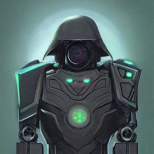 Image similar to self portrait of a robot raven. Full body with hooded cape, visor, green body armor, digital art, realistic, ultradetailed, concept art in the style of The Empire Strikes Back, art by Andrea Chiampo and Michael Whelan, trending on artstation, devianart, cgsociety