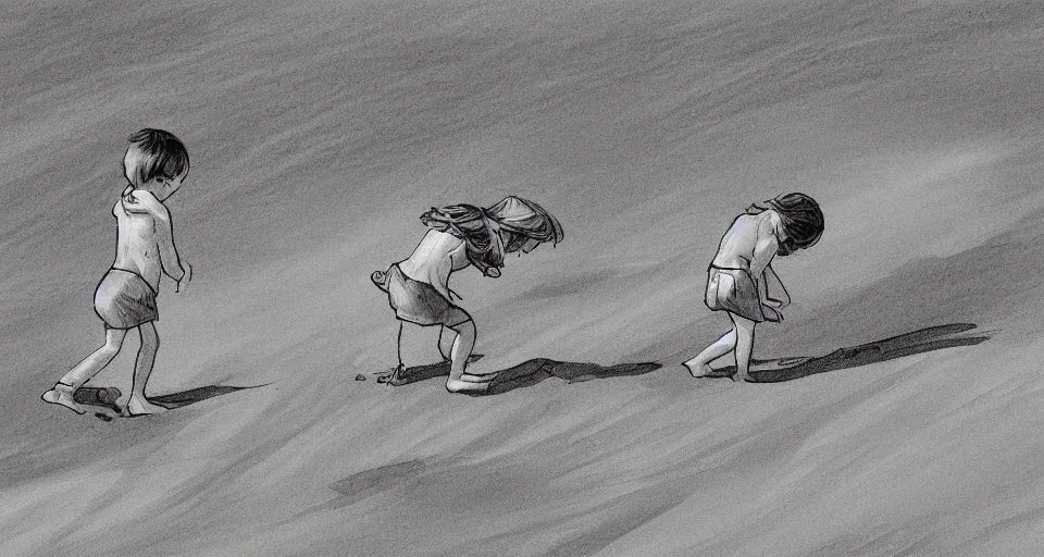 Prompt: little boy and girl play in sand in beach , Line art, b&w, high quality, how to draw, trending on artstation