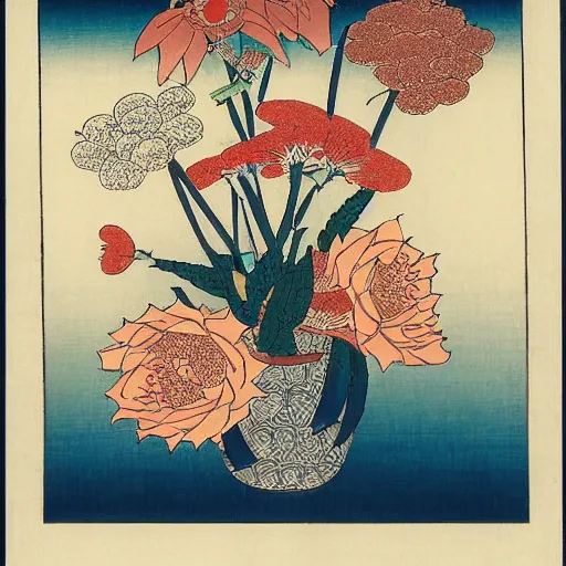 Prompt: bouquet of flowers, centered, symmetrical, ukiyo-e style, Hokusai, Hiroshige