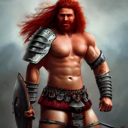 Image similar to bulky muscular scottish warrior with red hair, tribal blood paintings, waist plate armor, 4 k oil on linen by wlop, artgerm, andrei riabovitchev, nuri iyem, james gurney, james jean, greg rutkowski, highly detailed, soft lighting 8 k resolution